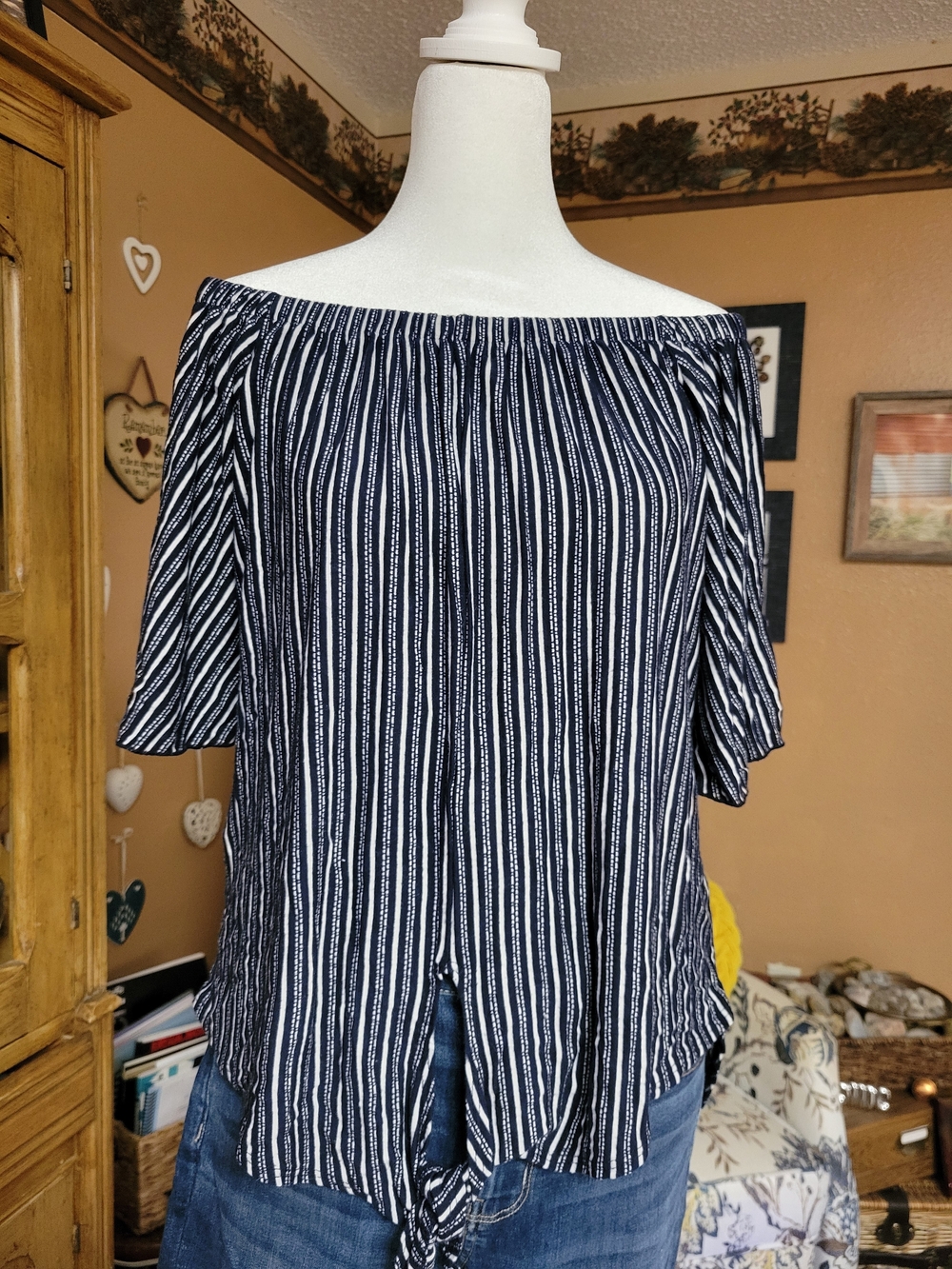 Kim & Cami Navy and White Striped Off-Shoulder Tie-Front Blouse
